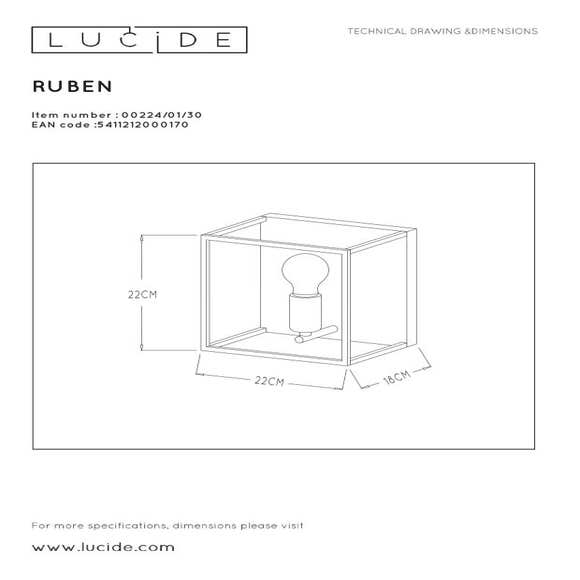 Lucide RUBEN - Wandlamp - 1xE27 - Zwart