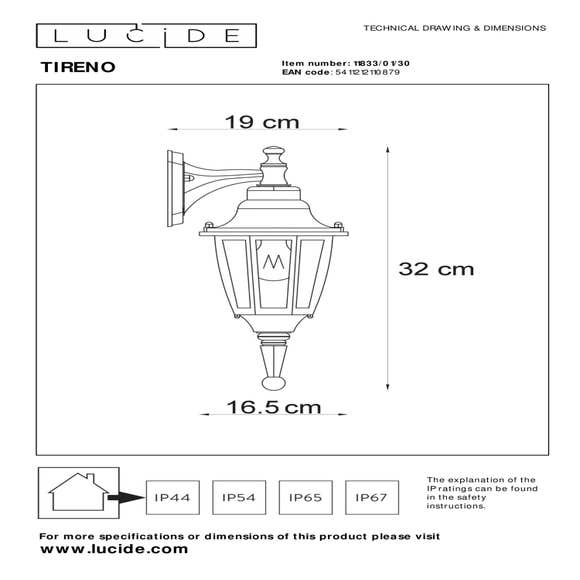 Lucide TIRENO - Wandlamp Buiten - 1xE27 - IP44 - Zwart