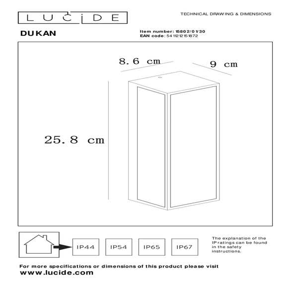 Lucide DUKAN - Wandlamp Buiten - 1xE27 - IP65 - Zwart