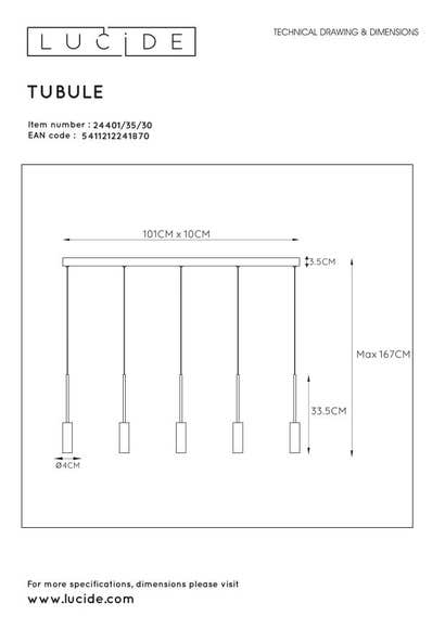 Lucide TUBULE - Hanglamp - LED - 5x7W 2700K - Zwart