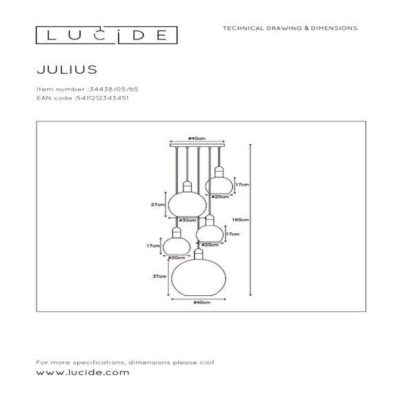 Lucide JULIUS - Hanglamp - 5xE27 - Fumé