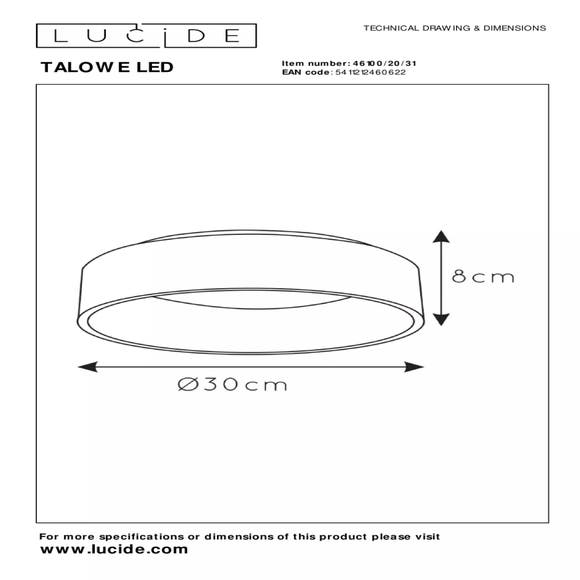 Lucide TALOWE LED - Plafonnière - Ø 30 cm - LED Dimb. - 1x20W - Wit