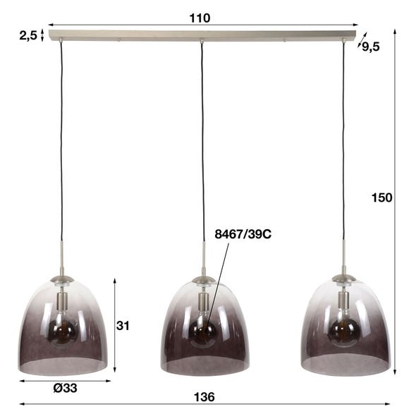 Reefs Interior Hanglamp 3xØ33 shaded ovaal glas