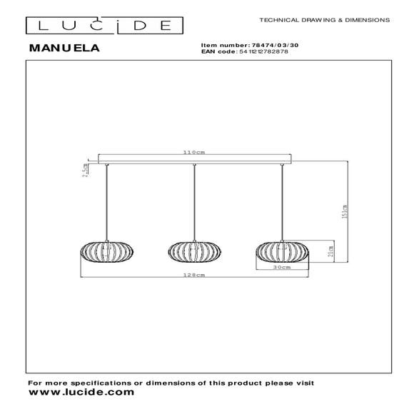 Lucide MANUELA - Hanglamp - 3xE27 - Zwart
